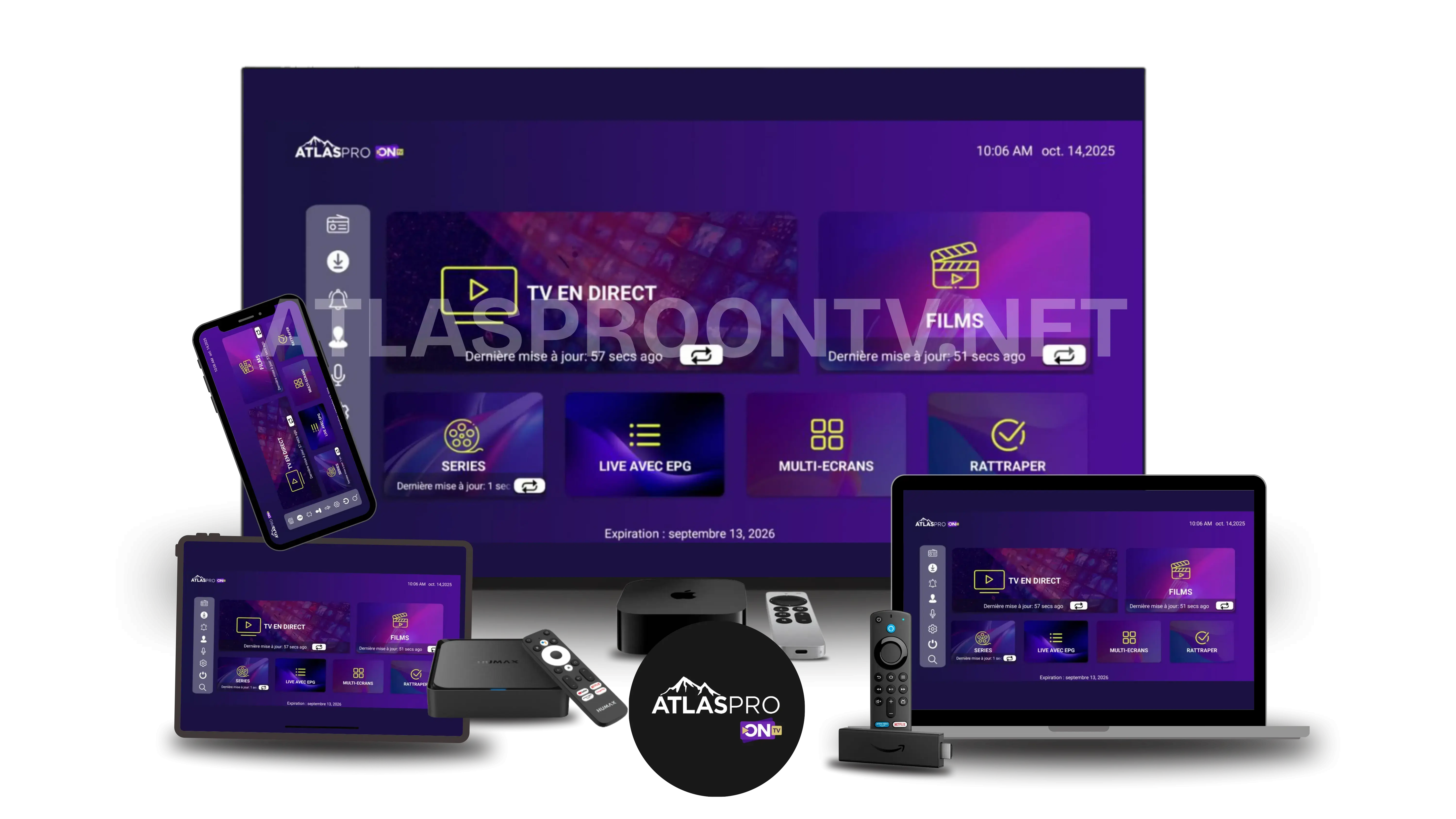 Atlas Pro ONTV sur plusieurs appareils : Smart TV, Android TV, iOS, PC